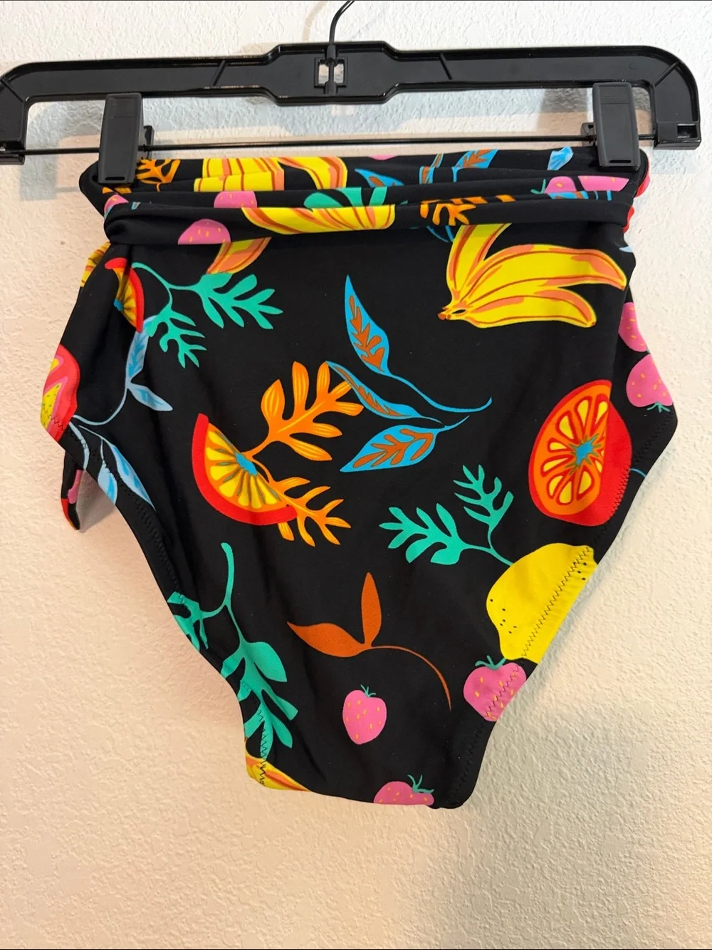 J. Crew Black High-Waist Bikini Bottoms with Multicolor Tropical Fruit Print